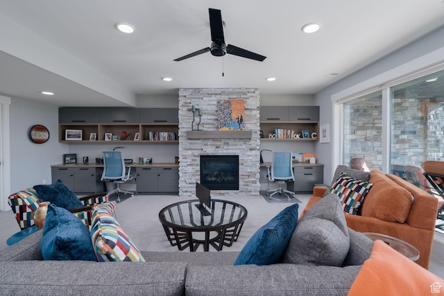 11579 N Groves Edge Dr, Hideout, UT 84036 - living room with ceiling fan, recessed lighting, a fireplace, and light carpet