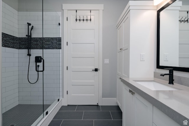 11579 N Groves Edge Dr, Hideout, UT 84036 - bathroom with a shower stall, tile patterned flooring, vanity, and baseboards