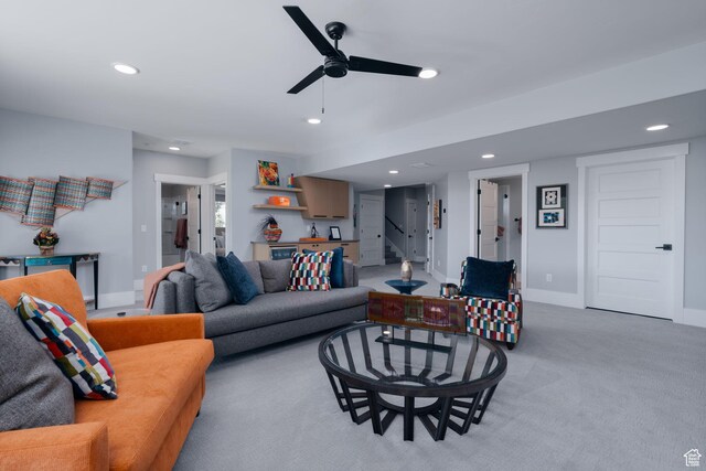 11579 N Groves Edge Dr, Hideout, UT 84036 - living area featuring recessed lighting, ceiling fan, light carpet, stairs, and baseboards