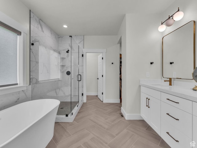 569 W Cascade Loop, Midway, UT 84049 - full bath featuring a soaking tub, vanity, a marble finish shower, baseboards, and recessed lighting