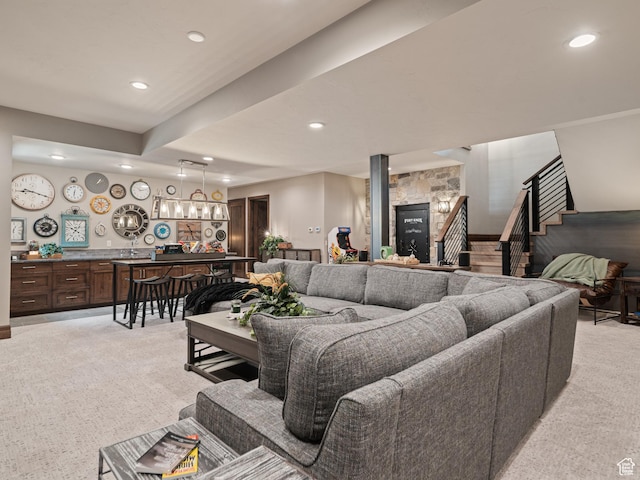 1156 N Valley View Dr, Eden, UT 84310 - living room with bar with sink, light colored carpet, recessed lighting, and stairs