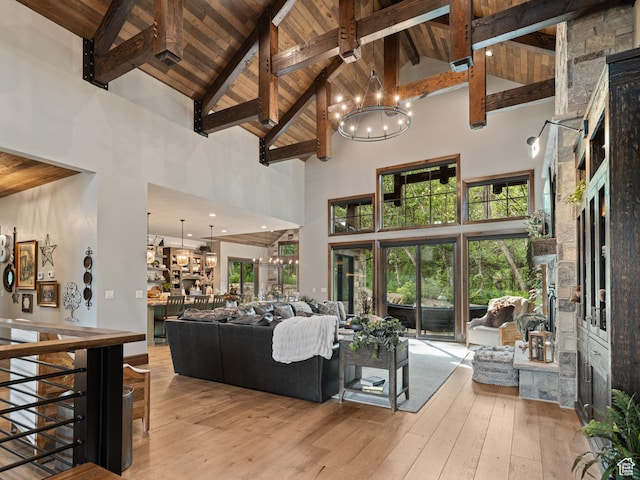 1156 N Valley View Dr, Eden, UT 84310 - living area with high vaulted ceiling, wood ceiling with exposed beams, a chandelier, hardwood / wood-style floors, and a fireplace