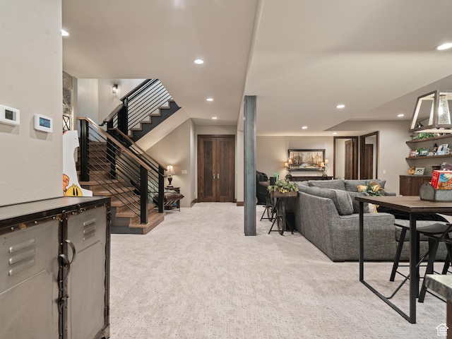 1156 N Valley View Dr, Eden, UT 84310 - living area featuring recessed lighting, stairway, and carpet flooring