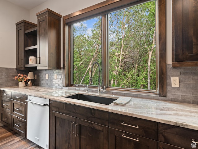 1156 N Valley View Dr, Eden, UT 84310 - kitchen with a sink, dark brown cabinets, open shelves, decorative backsplash, and light stone counters