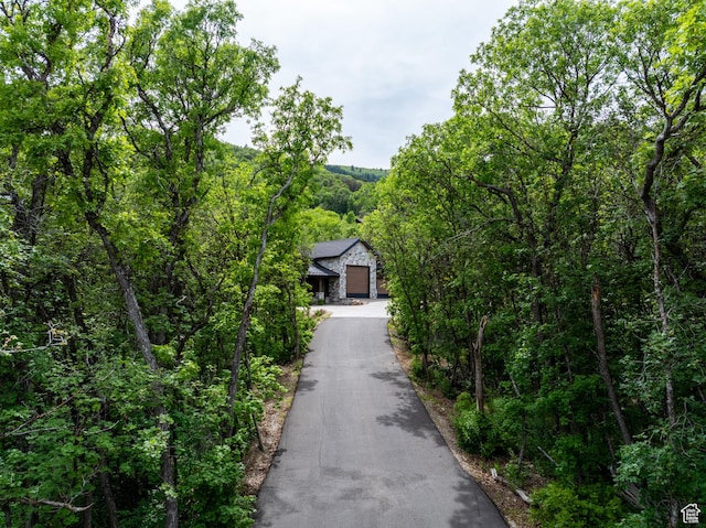 1156 N Valley View Dr, Eden, UT 84310 - view of front of house with stone siding, a wooded view, and asphalt driveway