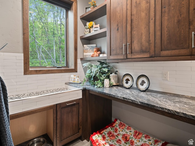 1156 N Valley View Dr, Eden, UT 84310 - kitchen featuring backsplash, open shelves, and dark brown cabinetry