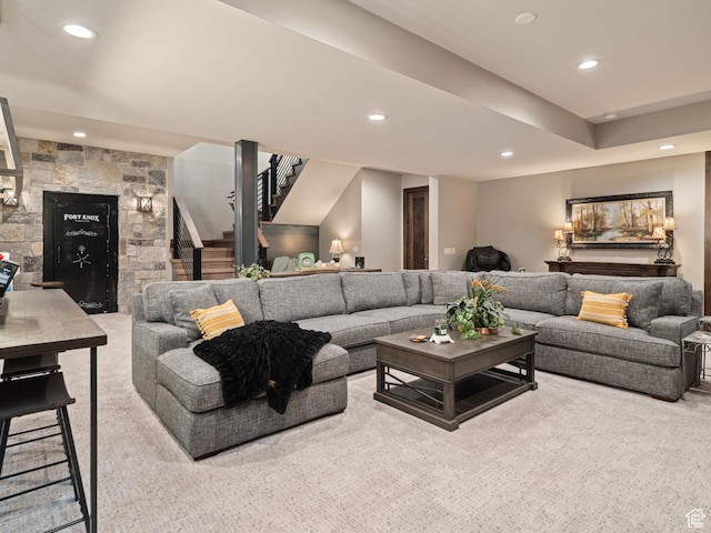 1156 N Valley View Dr, Eden, UT 84310 - living room featuring stairs, recessed lighting, carpet, and a fireplace