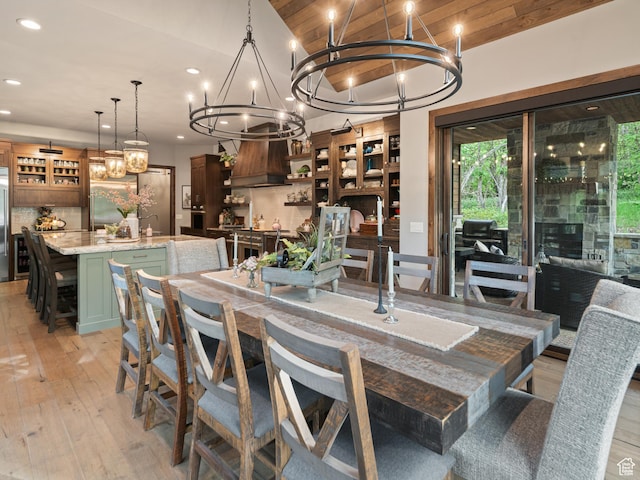1156 N Valley View Dr, Eden, UT 84310 - dining space with a chandelier, recessed lighting, light wood-type flooring, vaulted ceiling, and wooden ceiling