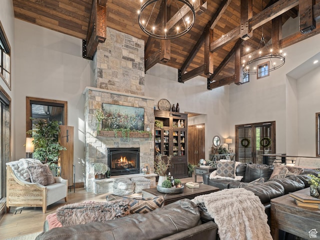 1156 N Valley View Dr, Eden, UT 84310 - living area with high vaulted ceiling, wood ceiling with exposed beams, a chandelier, wood finished floors, and a stone fireplace