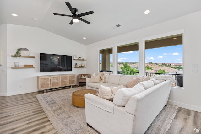 1432 Boys Pond Cir, Santa Clara, UT 84765 - living room featuring healthy amount of natural light, wood finished floors, vaulted ceiling, ceiling fan, and recessed lighting