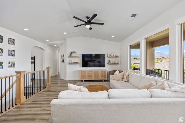 1432 Boys Pond Cir, Santa Clara, UT 84765 - living room with wood finished floors, vaulted ceiling, a ceiling fan, arched walkways, and recessed lighting