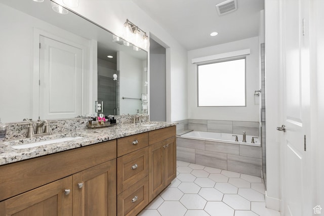 1432 Boys Pond Cir, Santa Clara, UT 84765 - bathroom with double vanity, a bath, tile patterned floors, recessed lighting, and a shower