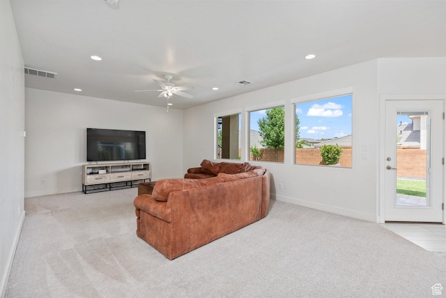 1432 Boys Pond Cir, Santa Clara, UT 84765 - living room featuring light carpet, baseboards, ceiling fan, and recessed lighting