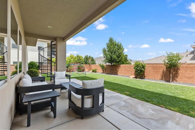 1432 Boys Pond Cir, Santa Clara, UT 84765 - view of patio featuring stairway, an outdoor living space, and a playground