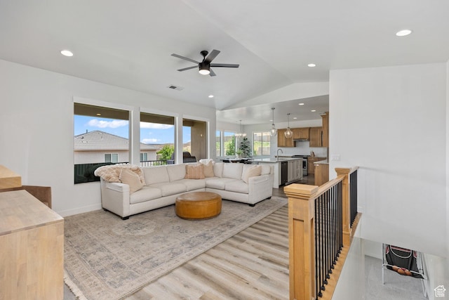 1432 Boys Pond Cir, Santa Clara, UT 84765 - living area with light wood finished floors, ceiling fan, lofted ceiling, and recessed lighting