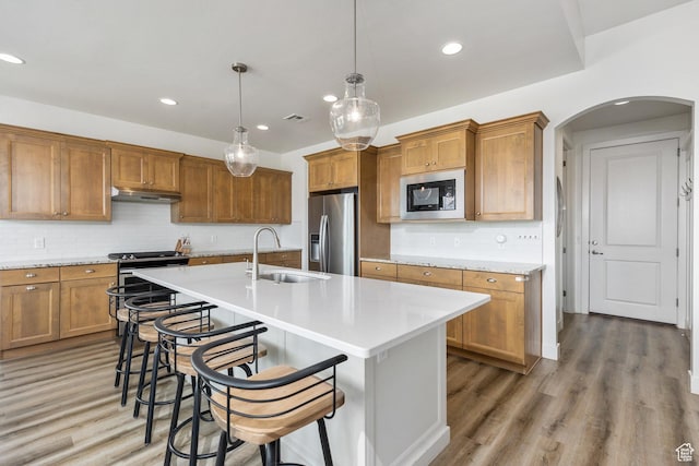 1432 Boys Pond Cir, Santa Clara, UT 84765 - kitchen with a sink, appliances with stainless steel finishes, arched walkways, brown cabinetry, and recessed lighting