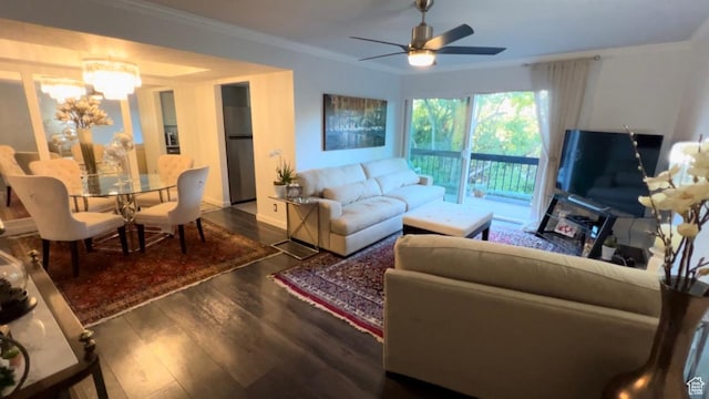 4969 S Eastridge Ln E Unit 174, Salt Lake City, UT 84117 - living area with wood finished floors, crown molding, ceiling fan, and a chandelier