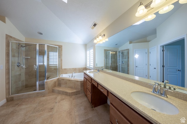 407 E Clay Ln, Lehi, UT 84043 - full bathroom with lofted ceiling, double vanity, a garden tub, a shower stall, and tile patterned floors