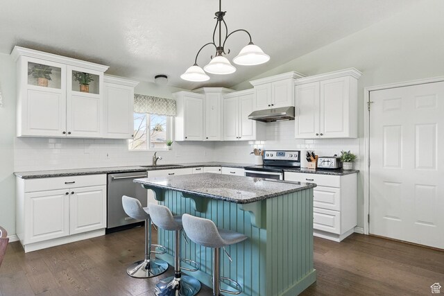 324 W 1650 N, Cedar City, UT 84721 - kitchen with stainless steel appliances, under cabinet range hood, a sink, lofted ceiling, and white cabinets
