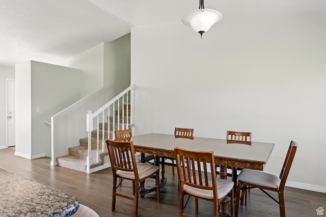 324 W 1650 N, Cedar City, UT 84721 - dining room featuring dark wood-style floors, stairs, baseboards, and lofted ceiling