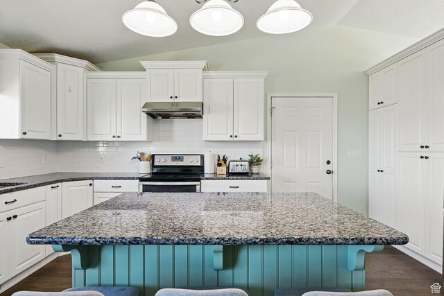 324 W 1650 N, Cedar City, UT 84721 - kitchen with stainless steel range with electric cooktop, under cabinet range hood, vaulted ceiling, a kitchen bar, and tasteful backsplash