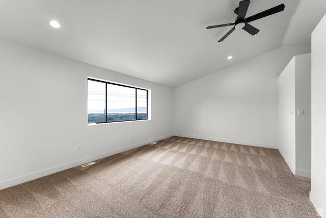 4077 N Devonshire Cir, Provo, UT 84604 - spare room featuring light colored carpet, vaulted ceiling, ceiling fan, baseboards, and recessed lighting