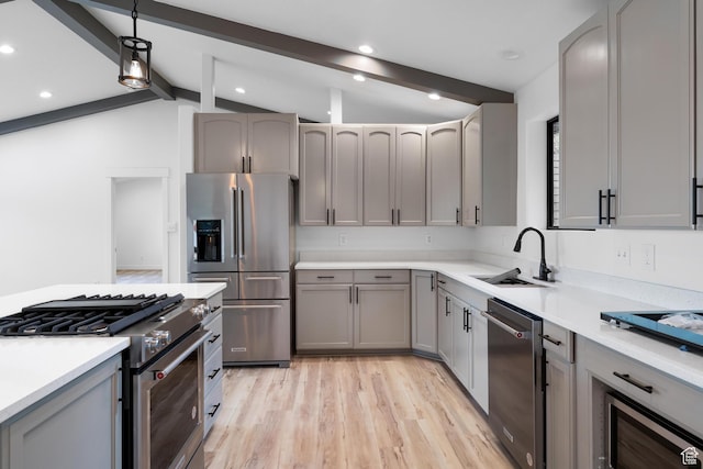 4077 N Devonshire Cir, Provo, UT 84604 - kitchen with appliances with stainless steel finishes, a sink, gray cabinets, light wood-type flooring, and light countertops