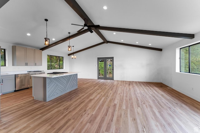 4077 N Devonshire Cir, Provo, UT 84604 - unfurnished living room with light wood-type flooring, healthy amount of natural light, recessed lighting, and ceiling fan