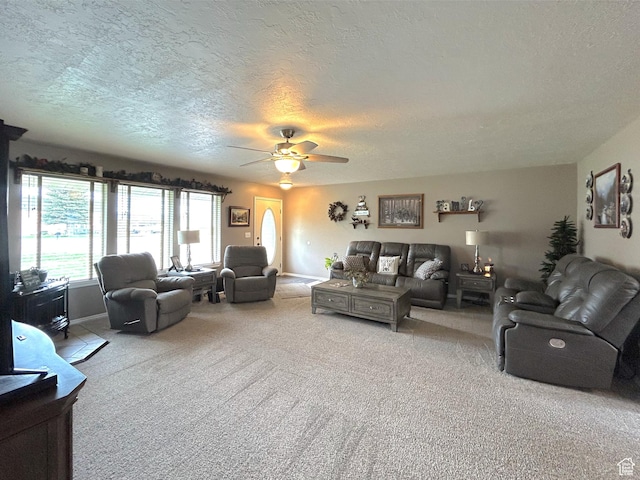434 S 2nd E, Soda Springs, ID 83276 - living area with a textured ceiling, a ceiling fan, and carpet floors