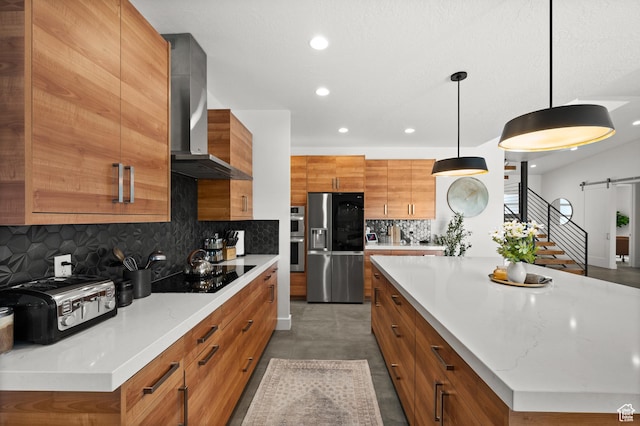 507 W Windmill Gate Cv, Draper, UT 84020 - kitchen with wall chimney range hood, appliances with stainless steel finishes, brown cabinets, recessed lighting, and decorative backsplash