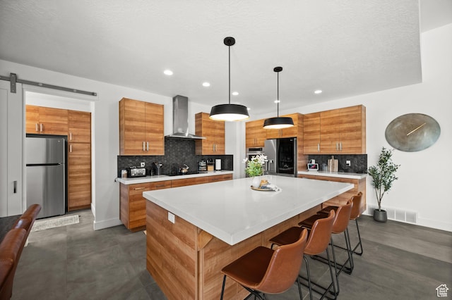 507 W Windmill Gate Cv, Draper, UT 84020 - kitchen with wall chimney exhaust hood, freestanding refrigerator, smart refrigerator, baseboards, and brown cabinetry