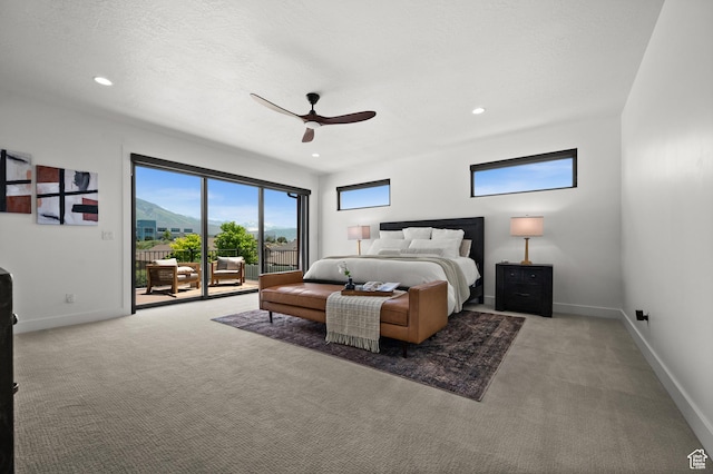 507 W Windmill Gate Cv, Draper, UT 84020 - bedroom with access to exterior, light colored carpet, ceiling fan, recessed lighting, and baseboards