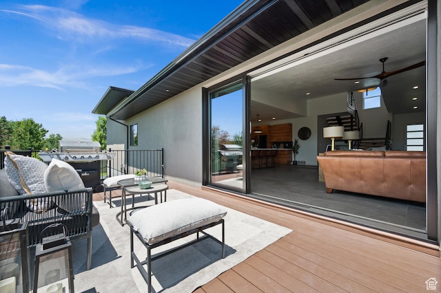 507 W Windmill Gate Cv, Draper, UT 84020 - wooden terrace featuring outdoor lounge area and a ceiling fan