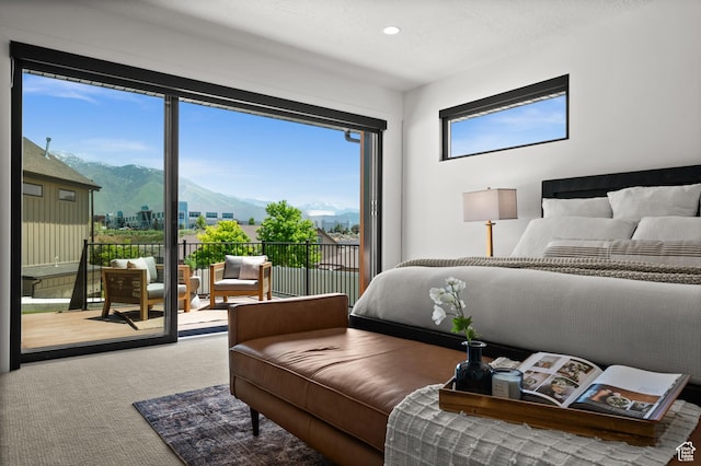 507 W Windmill Gate Cv, Draper, UT 84020 - bedroom featuring a mountain view, access to exterior, carpet floors, and recessed lighting