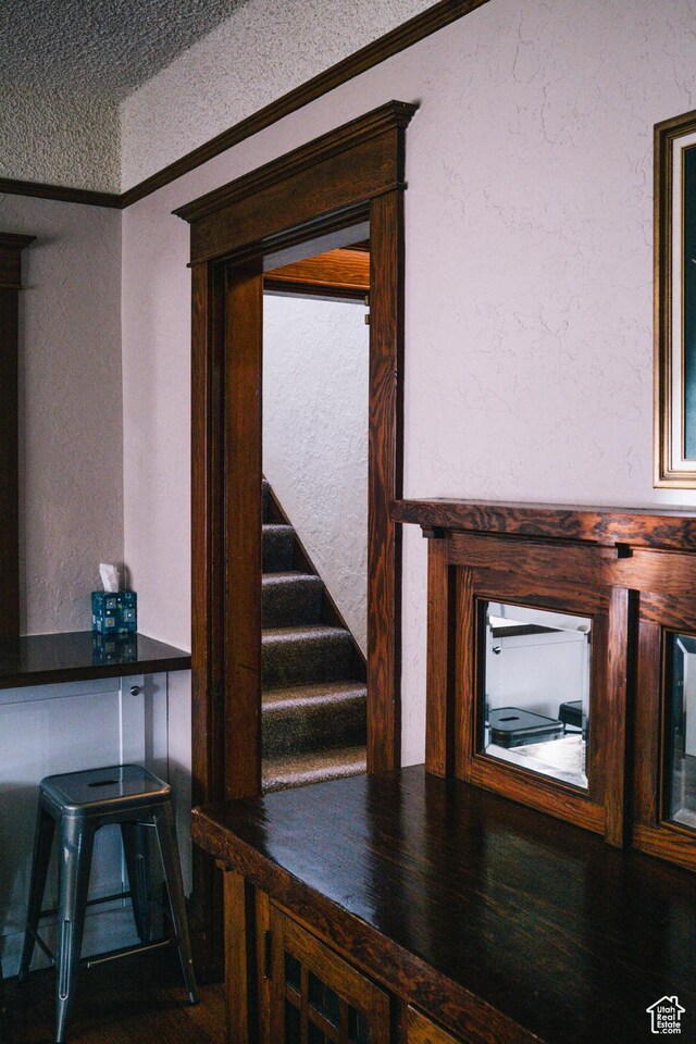 201 Bannock St, Malad City, ID 83252 - stairs with ornamental molding, a textured wall, and a textured ceiling