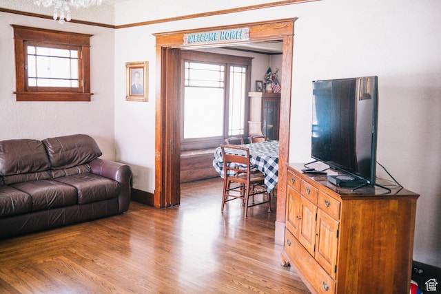 201 Bannock St, Malad City, ID 83252 - living room with healthy amount of natural light, crown molding, baseboards, and wood finished floors