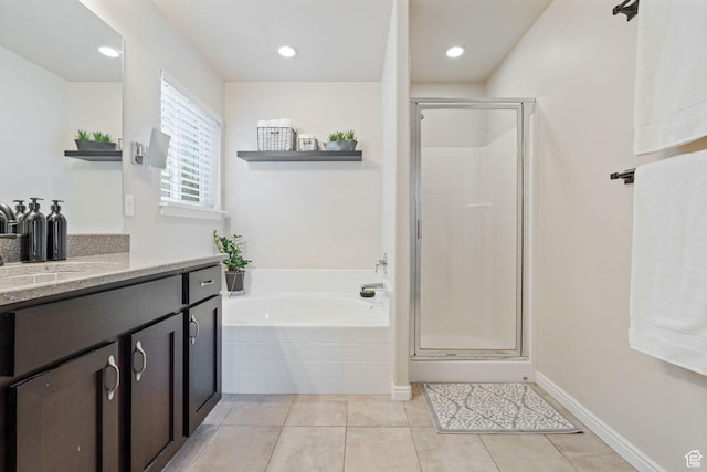 819 E 12085 S, Draper, UT 84020 - bathroom with vanity, a bath, a stall shower, tile patterned floors, and recessed lighting
