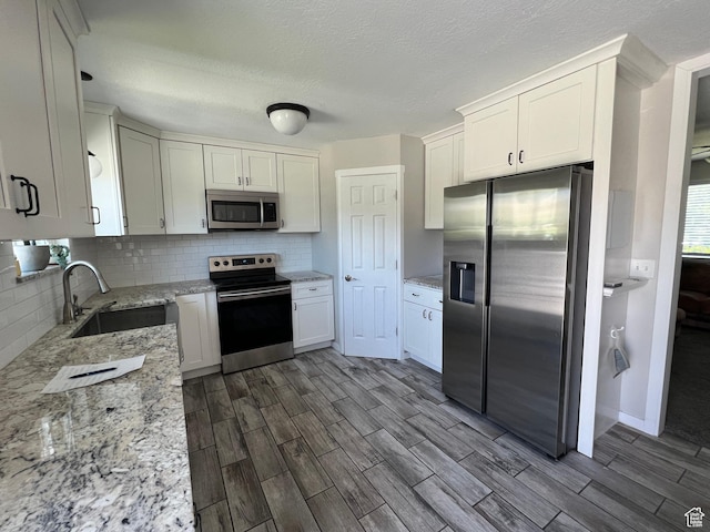 8842 E 500 S, Huntsville, UT 84317 - kitchen with appliances with stainless steel finishes, a sink, wood finish floors, backsplash, and light stone countertops