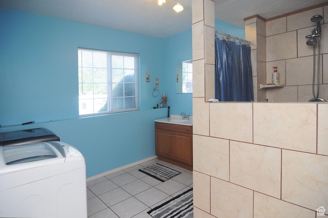 1877 W 2175 S, Syracuse, UT 84075 - full bath featuring washer / dryer, vanity, a shower with shower curtain, tile patterned floors, and baseboards
