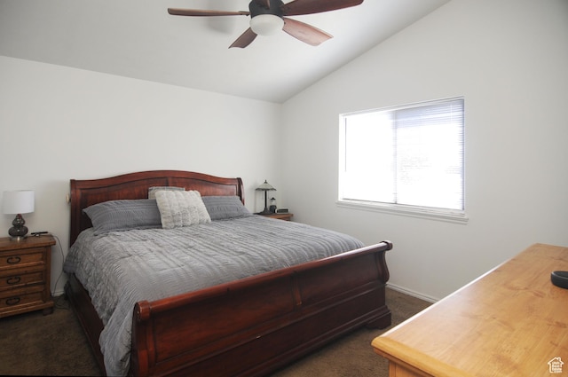 1877 W 2175 S, Syracuse, UT 84075 - bedroom featuring dark carpet, vaulted ceiling, and ceiling fan