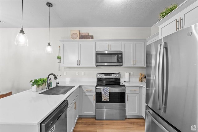 4192 W Mckellen Dr Unit B2, Herriman, UT 84096 - kitchen with stainless steel appliances, a sink, a peninsula, light wood-style floors, and light countertops