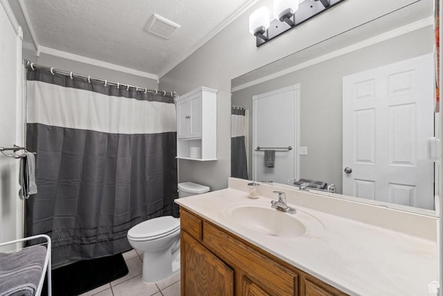 5747 S 2900 W, Roy, UT 84067 - bathroom featuring toilet, vanity, crown molding, tile patterned floors, and a textured ceiling