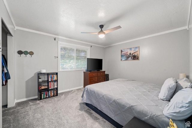 5747 S 2900 W, Roy, UT 84067 - bedroom with crown molding, carpet, a textured ceiling, baseboards, and ceiling fan