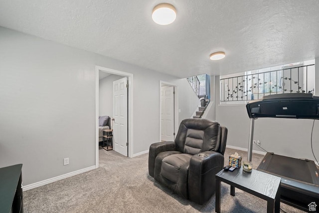5747 S 2900 W, Roy, UT 84067 - living area featuring baseboards, a textured ceiling, stairs, and carpet