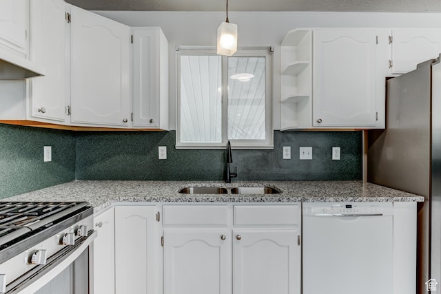 4799 S 3900 W, Roy, UT 84067 - kitchen featuring stainless steel appliances, a sink, white cabinets, open shelves, and tasteful backsplash
