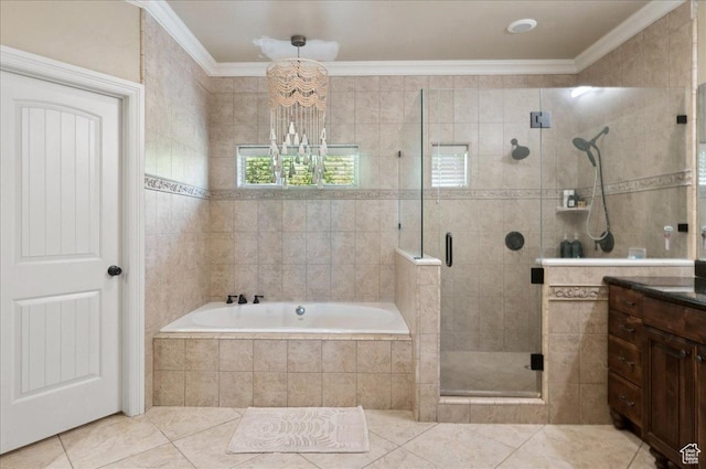 4280 S Scenic Cir E, Bountiful, UT 84010 - bathroom with tile patterned floors, a bath, vanity, a stall shower, and crown molding