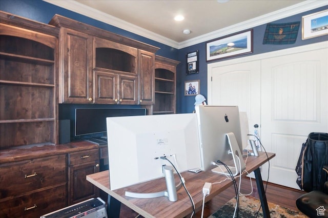 4280 S Scenic Cir E, Bountiful, UT 84010 - office area with crown molding and dark wood-style flooring