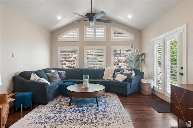 4280 S Scenic Cir E, Bountiful, UT 84010 - living room featuring wood finished floors, vaulted ceiling, and ceiling fan