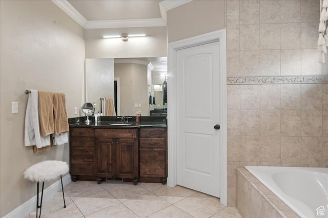 4280 S Scenic Cir E, Bountiful, UT 84010 - full bath featuring ornamental molding, a relaxing tiled tub, tile patterned floors, and vanity