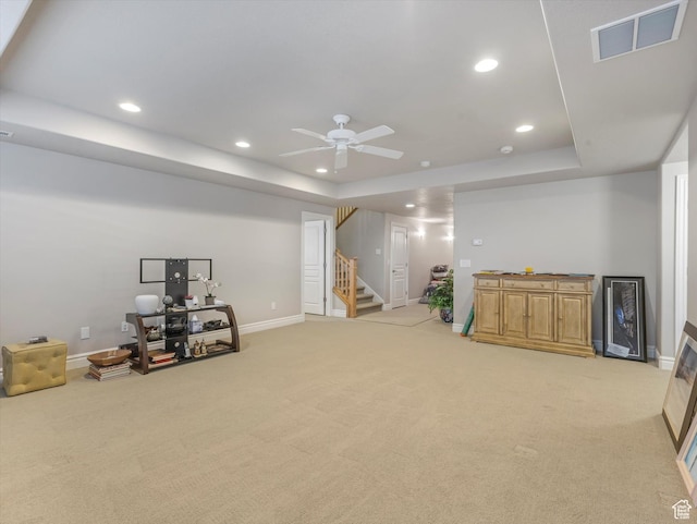 5767 S Erekson Ln, Murray, UT 84107 - below grade area with light carpet, stairway, recessed lighting, baseboards, and ceiling fan
